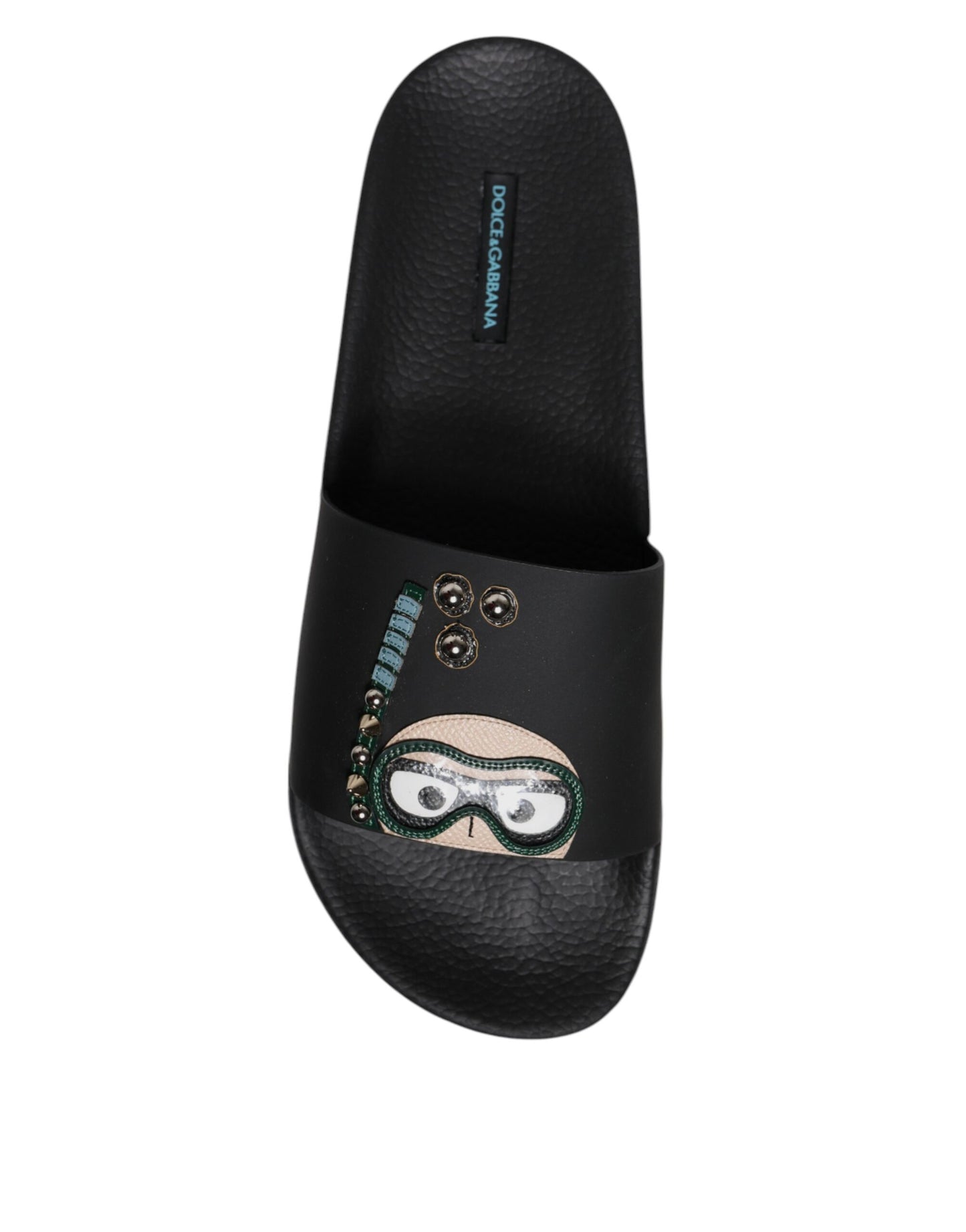 Black Divers Leather Flats Slides Sandals Beachwear Shoes-Dolce & Gabbana-LabelTerrace.com