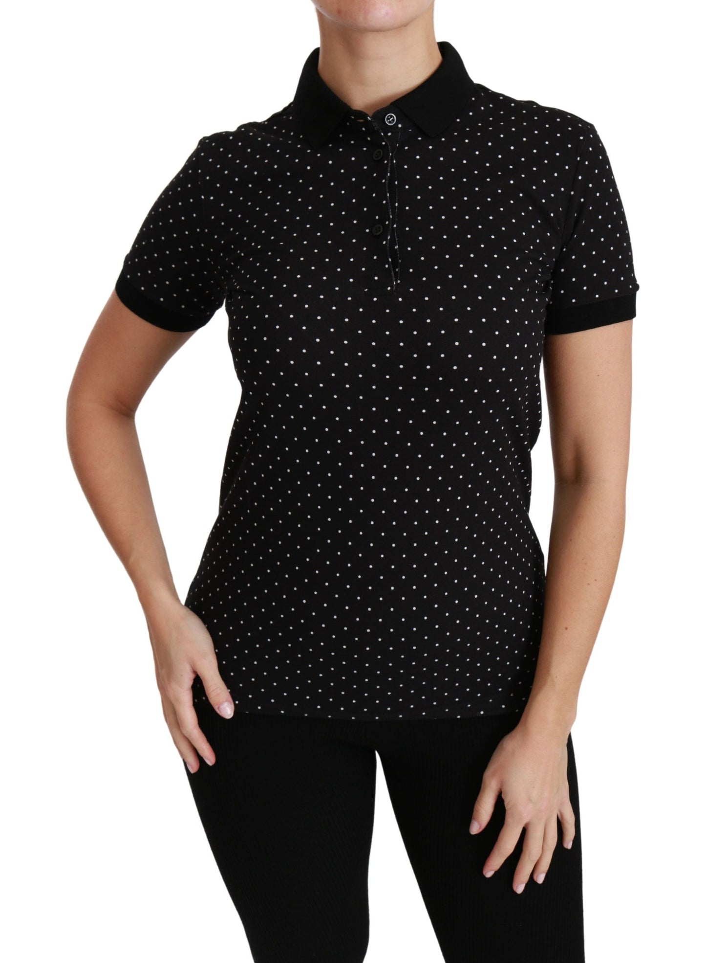 Black Dotted Collared Polo Shirt Cotton Top-Dolce & Gabbana-LabelTerrace.com