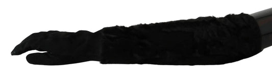 Black Elbow Length Mitten Suede Fur Gloves-Dolce & Gabbana-LabelTerrace.com
