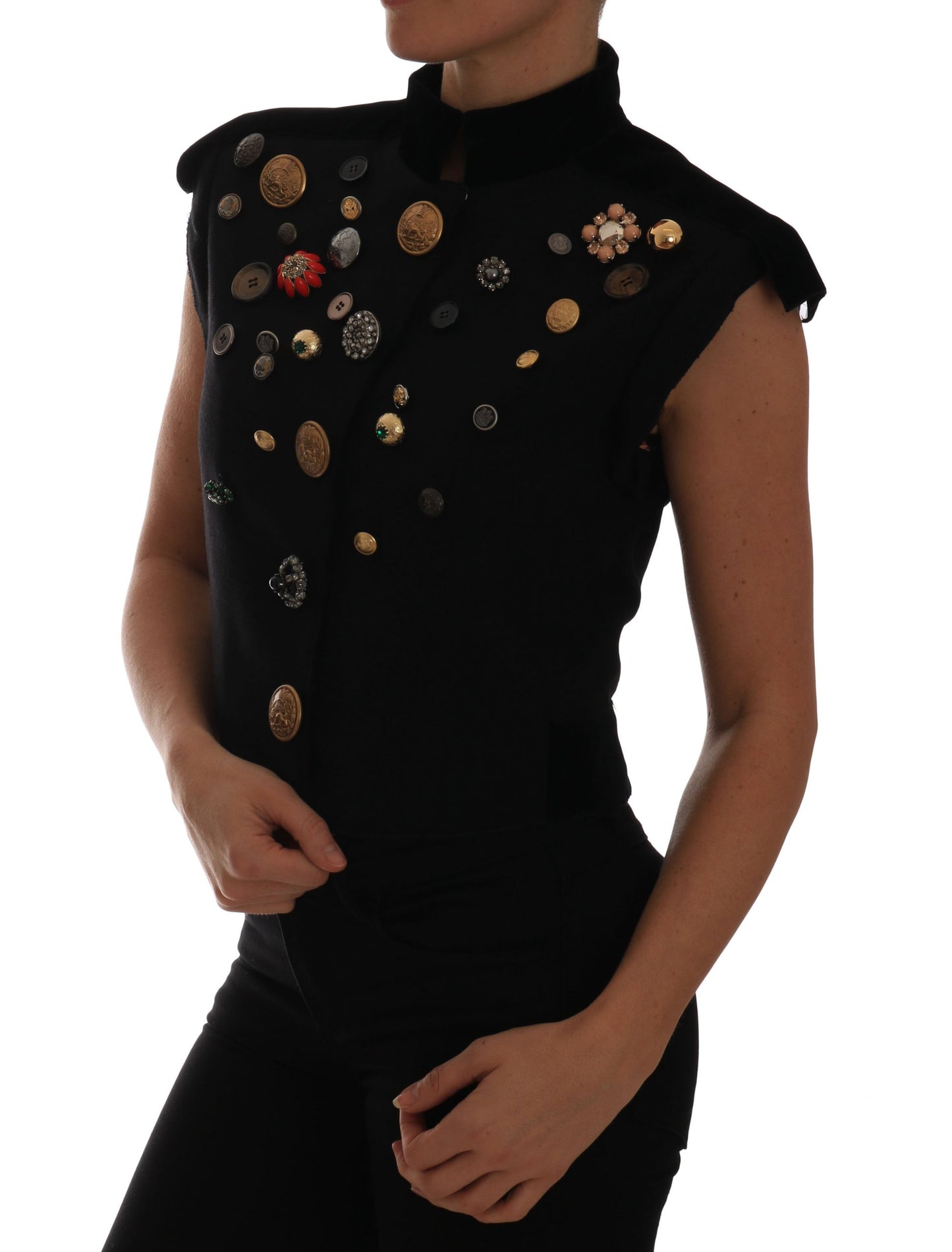 Black Embellished Floral Military Jacket Vest-Dolce & Gabbana-LabelTerrace.com