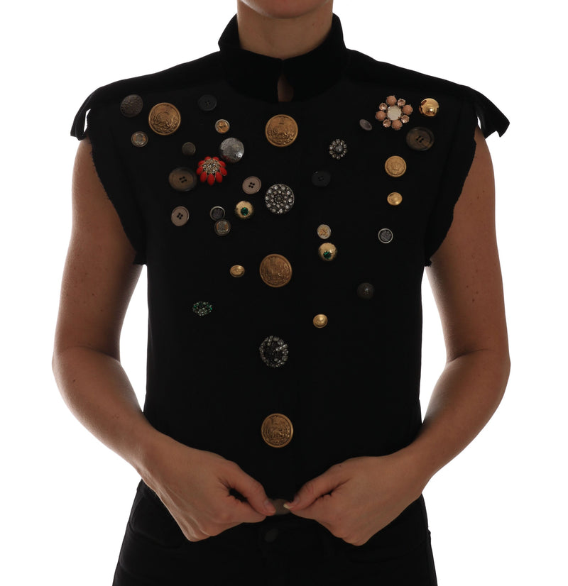 Black Embellished Floral Military Jacket Vest-Dolce & Gabbana-LabelTerrace.com