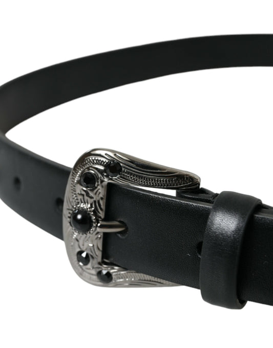 Black Embellished Leather Engraved Buckle Belt-Dolce & Gabbana-LabelTerrace.com