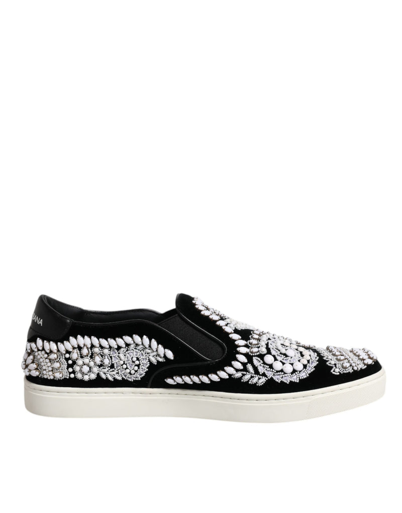 Black Embellished London Men Slip On Shoes-Dolce & Gabbana-LabelTerrace.com
