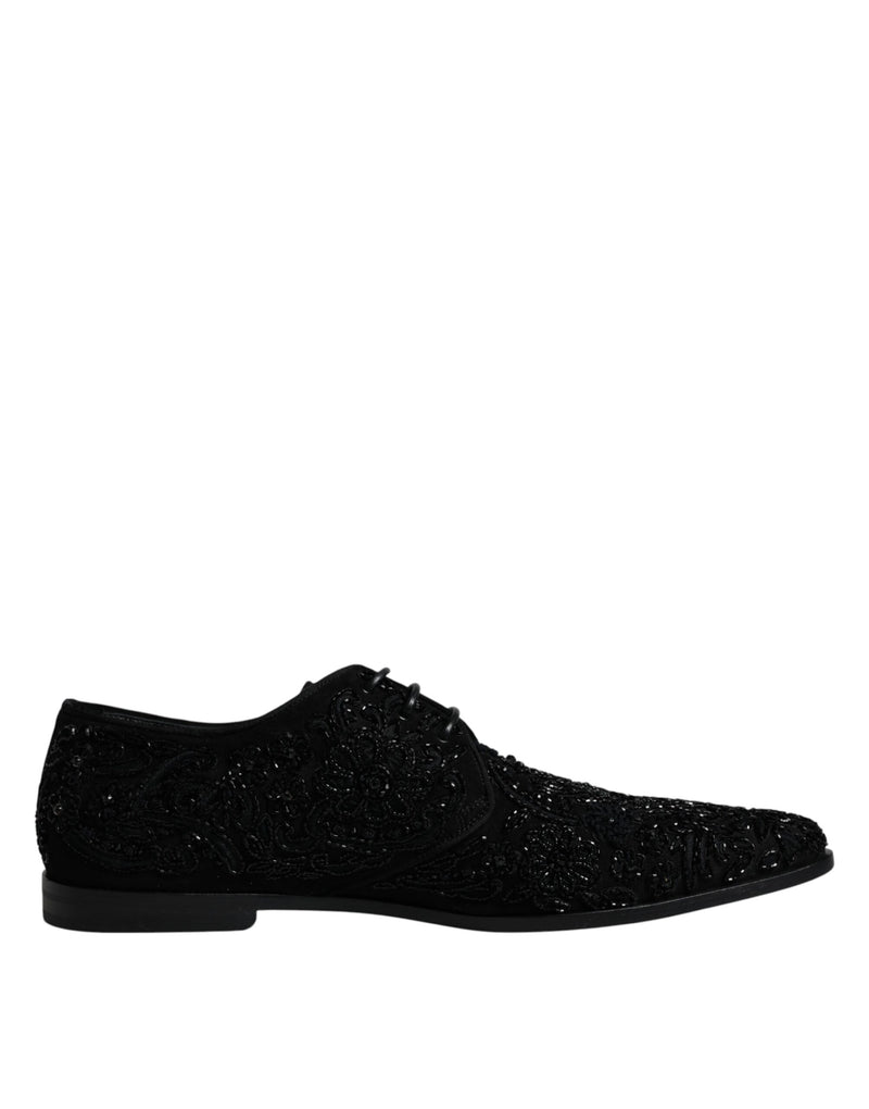 Black Embellished Suede Derby Formal Shoes-Dolce & Gabbana-LabelTerrace.com