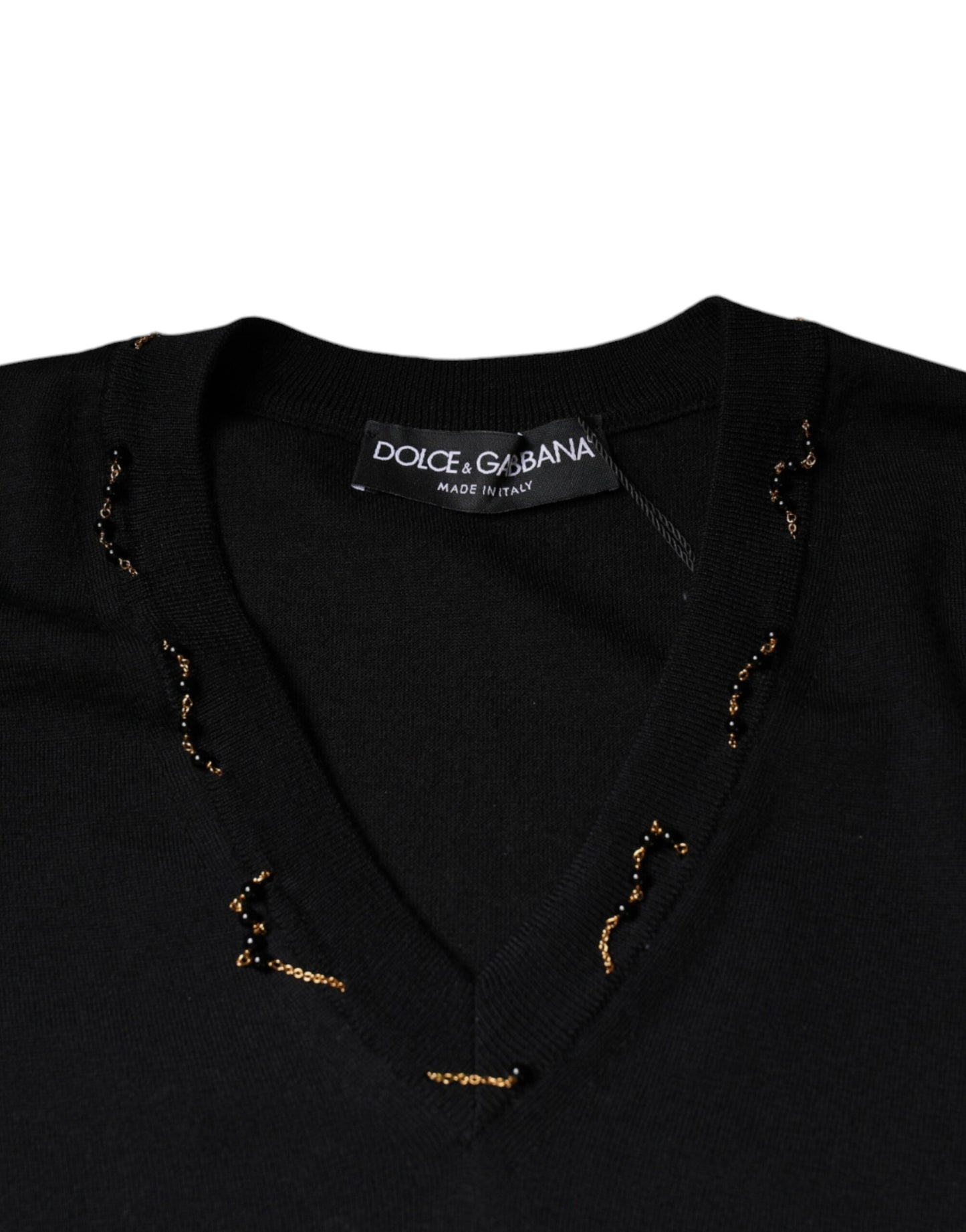 Black Embellished V-neck Pullover Sweater-Dolce & Gabbana-LabelTerrace.com
