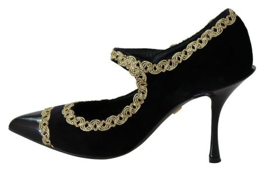 Black Embellished Velvet Mary Jane Pumps Shoes-Dolce & Gabbana-LabelTerrace.com