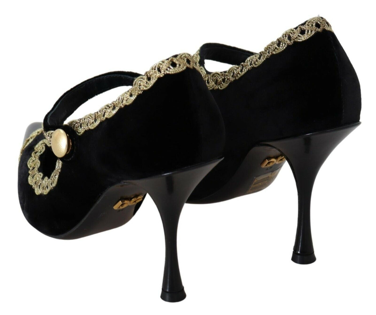 Black Embellished Velvet Mary Jane Pumps Shoes-Dolce & Gabbana-LabelTerrace.com