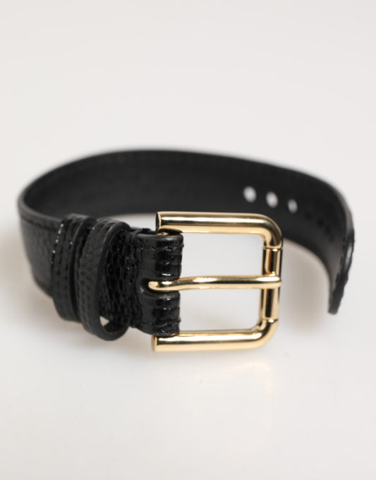 Black Embossed Leather Gold Buckle Belt Strap Bracelet-Dolce & Gabbana-LabelTerrace.com