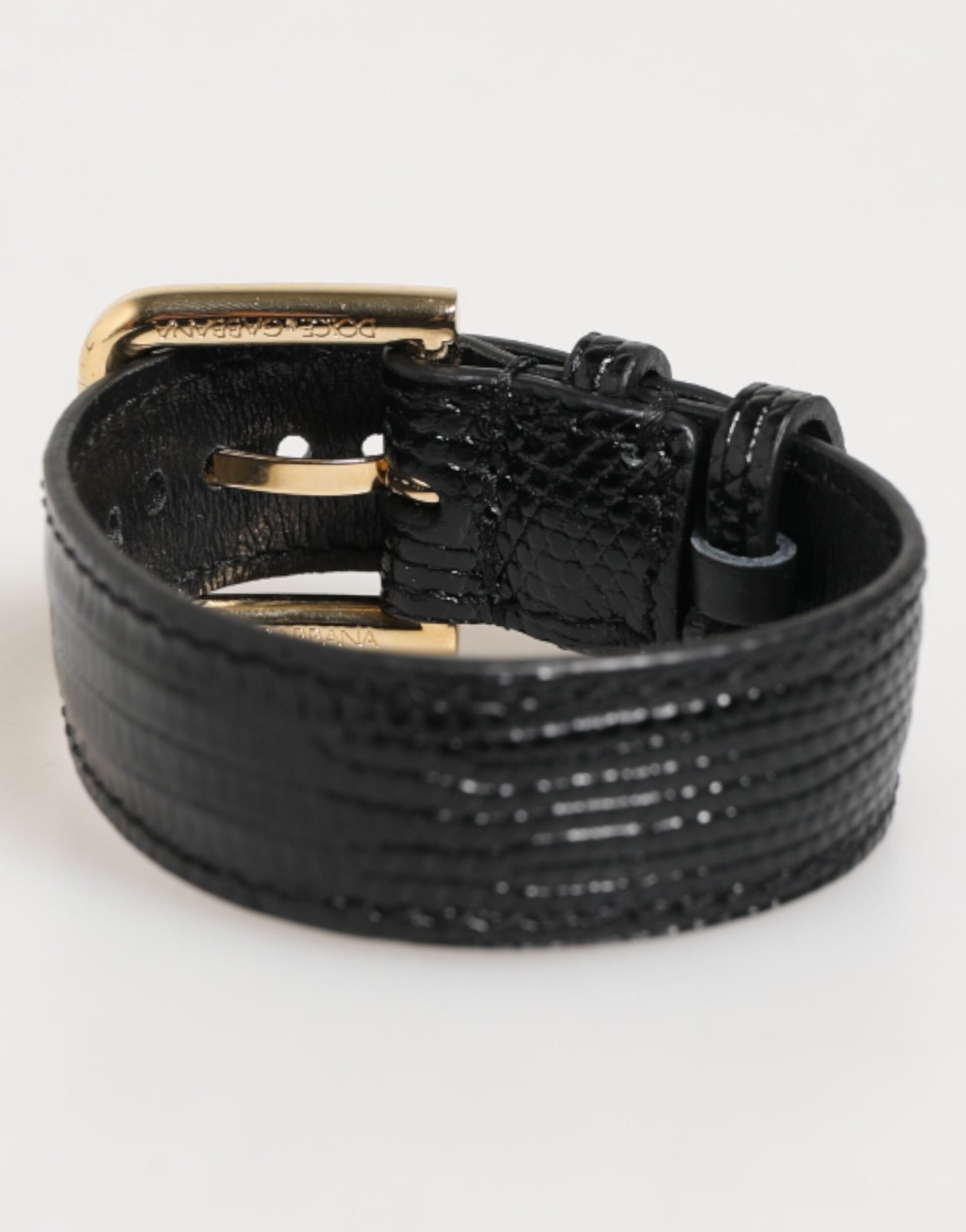 Black Embossed Leather Gold Buckle Belt Strap Bracelet-Dolce & Gabbana-LabelTerrace.com
