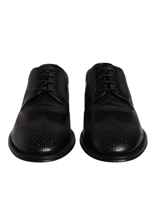 Black Embroidered Classic Leather Derby Dress Shoes-Dolce & Gabbana-LabelTerrace.com