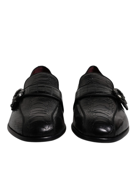 Black Exotic Leather DG Logo Loafers Formal Dress Shoes-Dolce & Gabbana-LabelTerrace.com