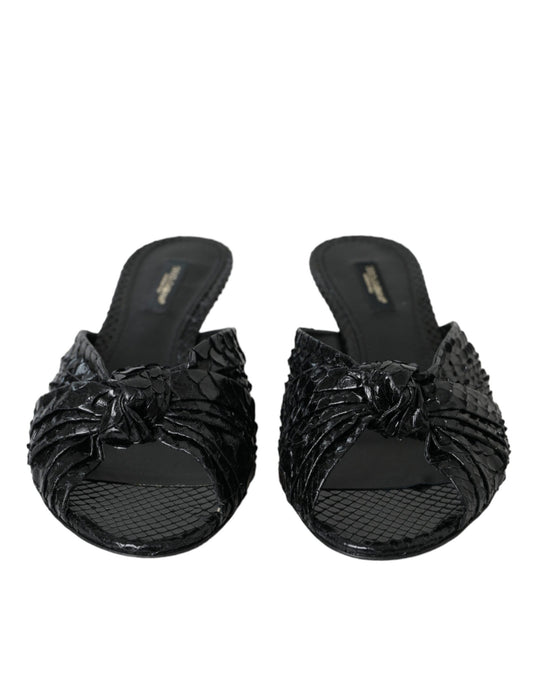 Black Exotic Leather Heels Slides Shoes-Dolce & Gabbana-LabelTerrace.com