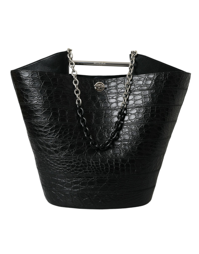 Black Exotic Skin Leather Maxi Bucket Tote Purse Bag-Balenciaga-LabelTerrace.com