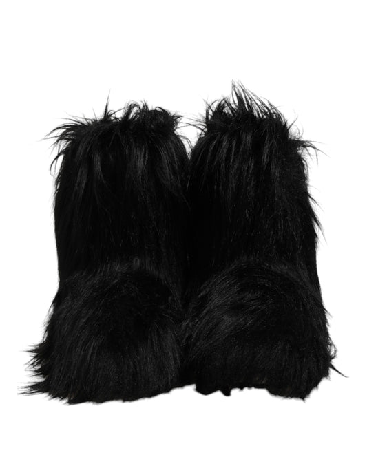Black Faux Fur Mid Calf Boots Shoes-Dolce & Gabbana-LabelTerrace.com