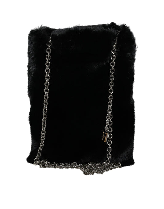 Black Faux Fur Silver Chain Crossbody Shoulder Purse Bag-Dolce & Gabbana-LabelTerrace.com