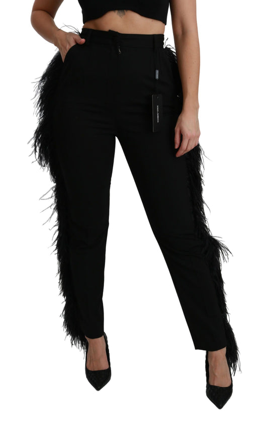 Black Feather Straight High Waist Wool Pants-Dolce & Gabbana-LabelTerrace.com