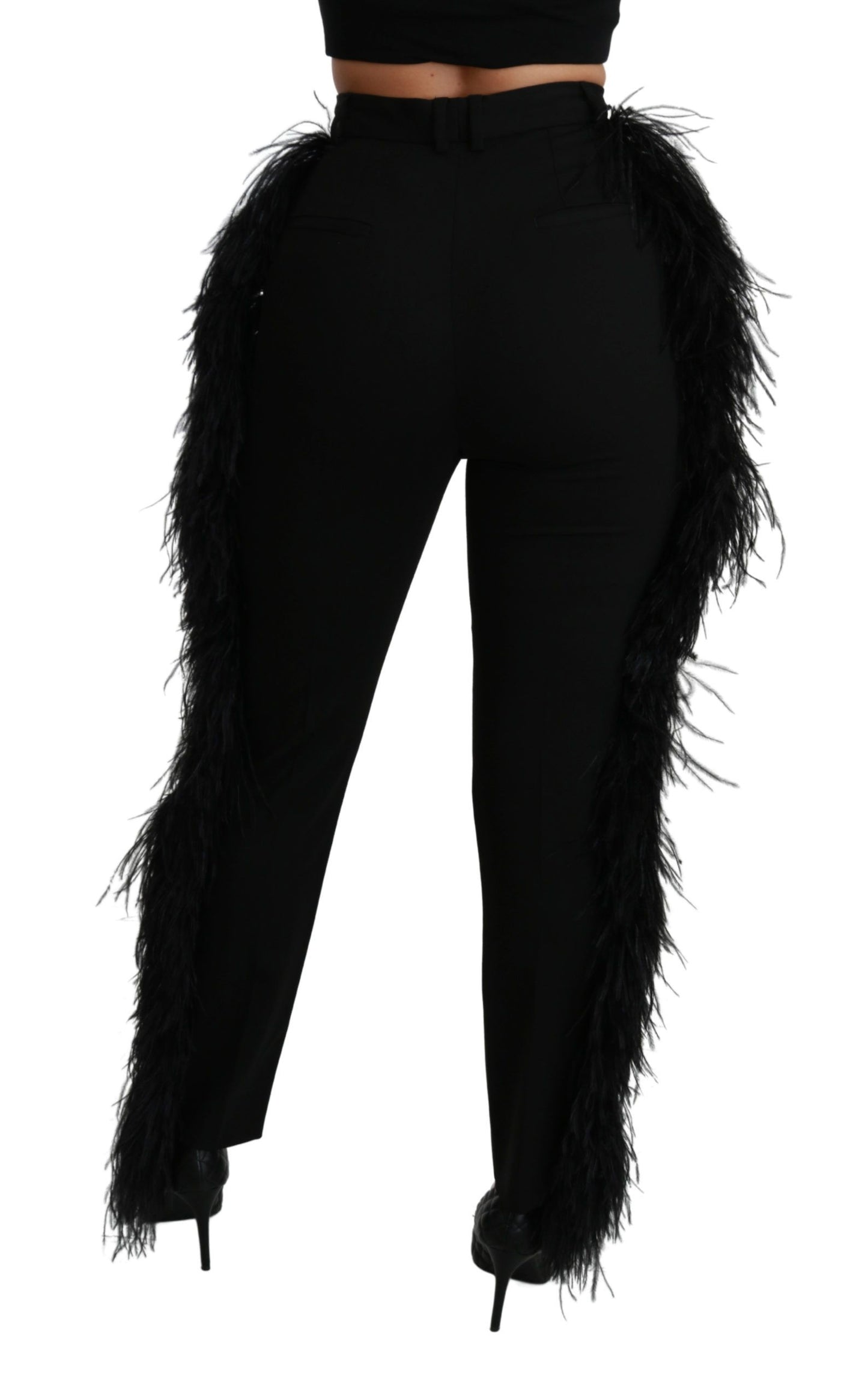 Black Feather Straight High Waist Wool Pants-Dolce & Gabbana-LabelTerrace.com