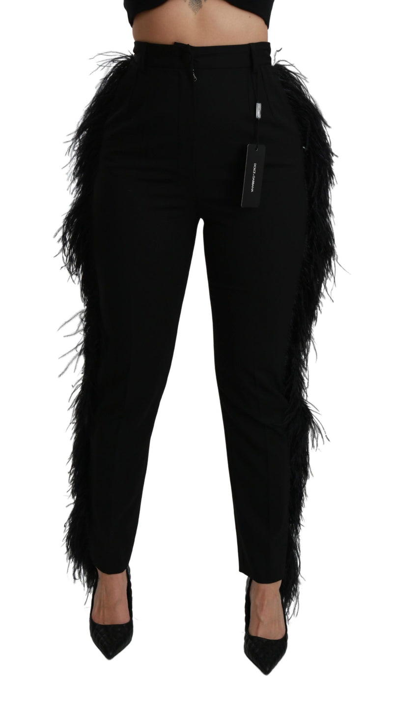 Black Feather Straight High Waist Wool Pants-Dolce & Gabbana-LabelTerrace.com