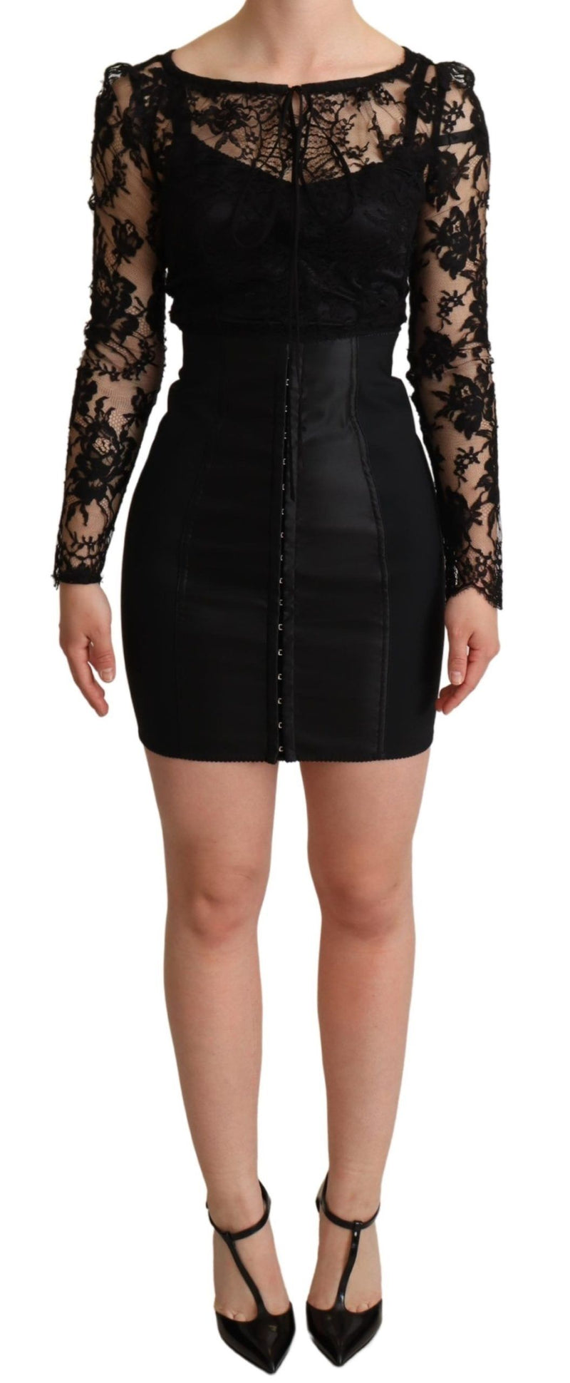 Black Fitted Lace Top Bodycon Mini Dress-Dolce & Gabbana-LabelTerrace.com