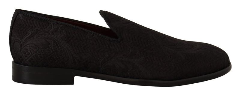 Black Floral Brocade Slippers Loafers Shoes-Dolce & Gabbana-LabelTerrace.com