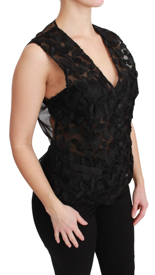 Black Floral Brocade Top Gilet Waistcoat-Dolce & Gabbana-LabelTerrace.com