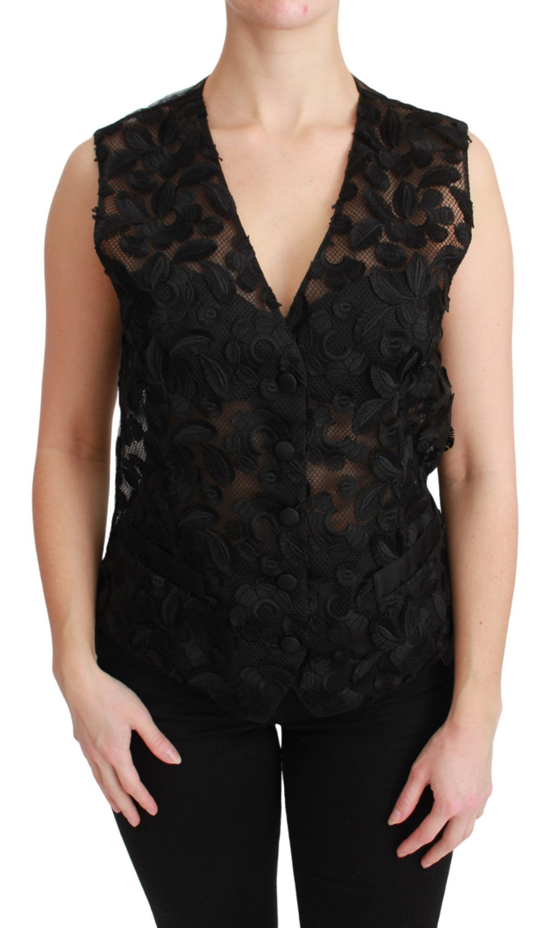 Black Floral Brocade Top Gilet Waistcoat-Dolce & Gabbana-LabelTerrace.com