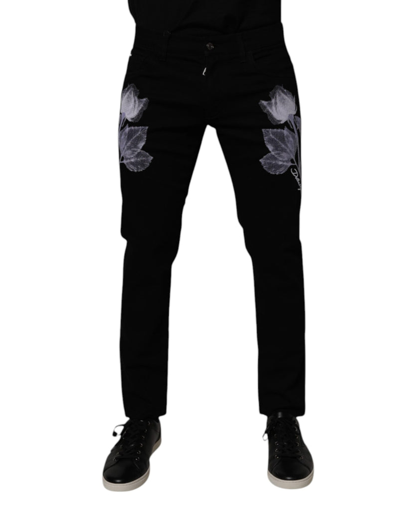 Black Floral Cotton Skinny Men Denim Jeans-Dolce & Gabbana-LabelTerrace.com