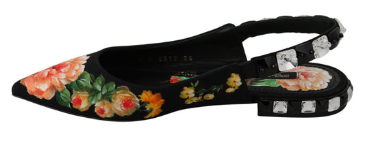 Black Floral Crystal Slingbacks Flats Shoes-Dolce & Gabbana-LabelTerrace.com