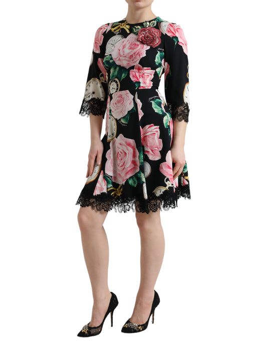Black Floral Embellished Lace A-line Dress-Dolce & Gabbana-LabelTerrace.com