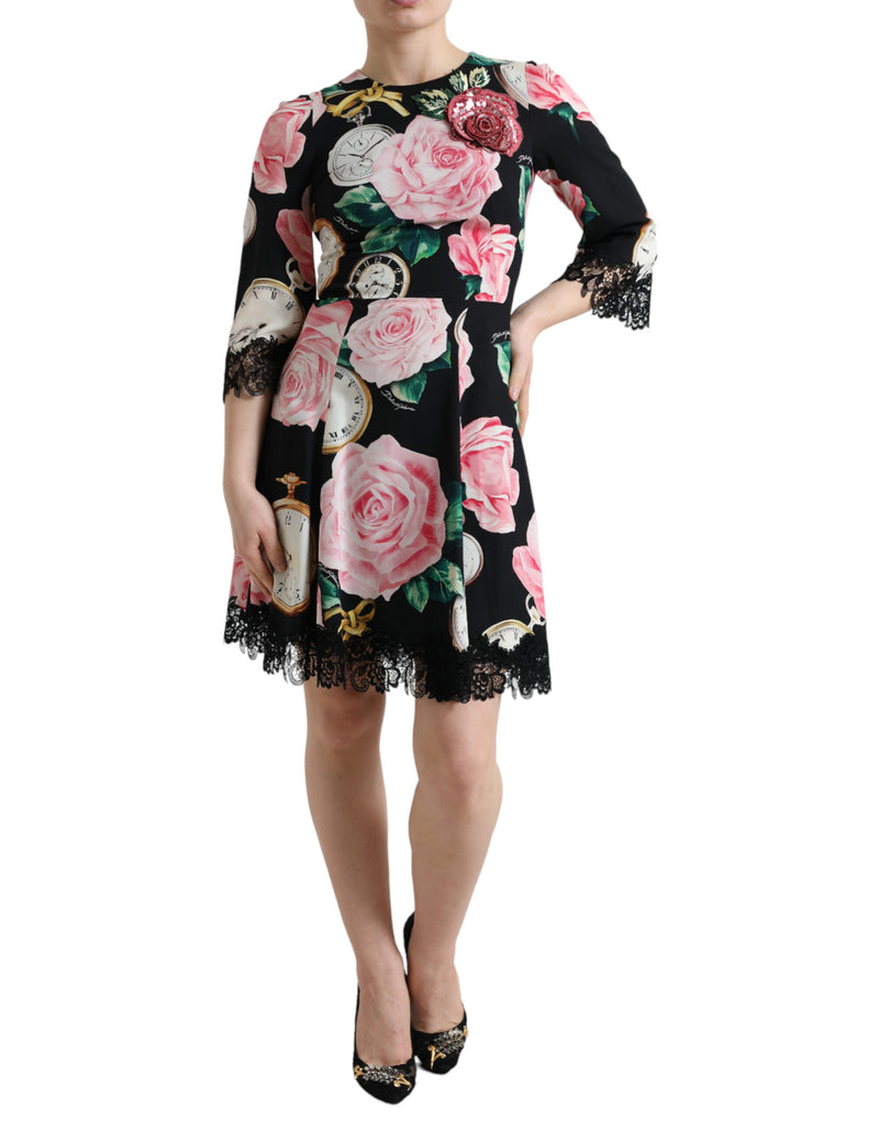 Black Floral Embellished Lace A-line Dress-Dolce & Gabbana-LabelTerrace.com