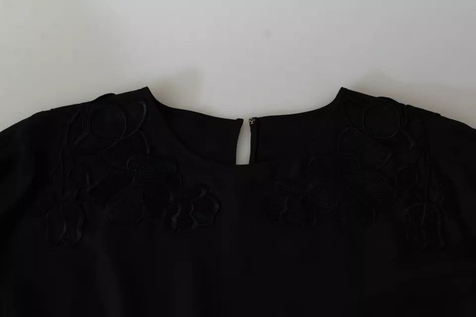 Black Floral Embroidered Blouse Silk Top-Dolce & Gabbana-LabelTerrace.com