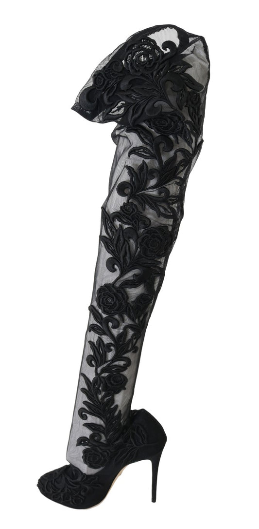 Black Floral Embroidered Socks Boots-Dolce & Gabbana-LabelTerrace.com