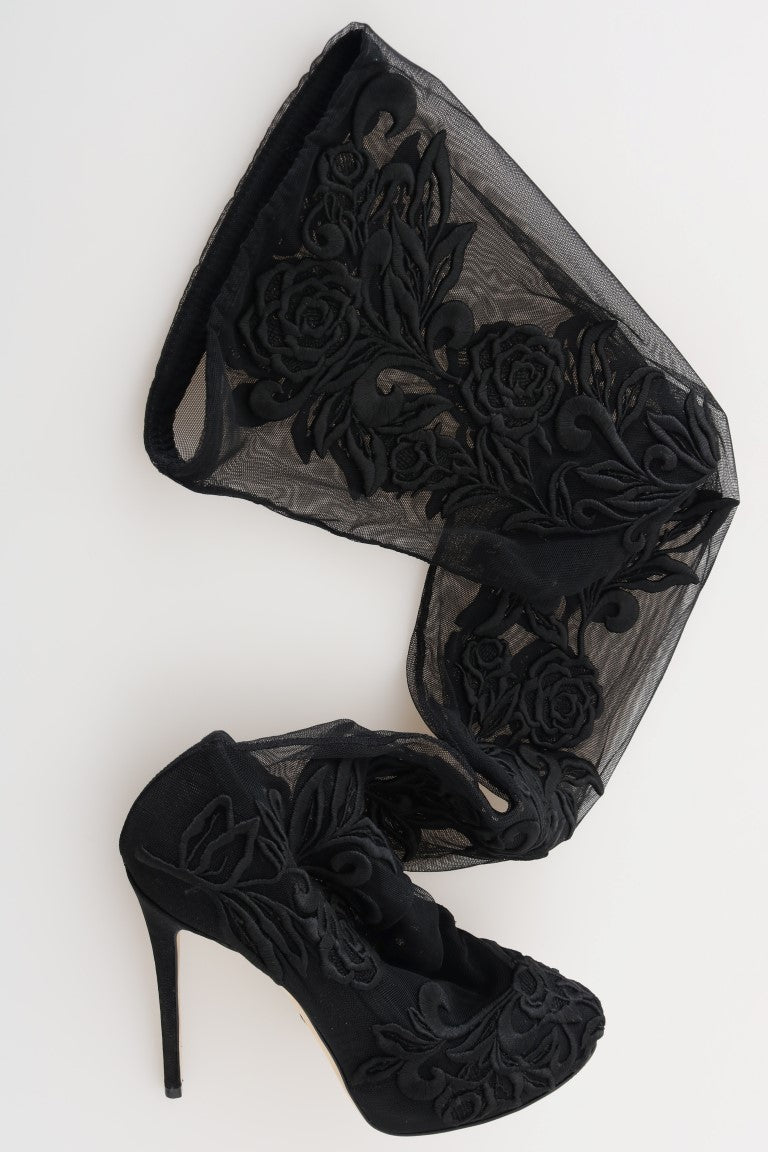 Black Floral Embroidered Socks Boots-Dolce & Gabbana-LabelTerrace.com