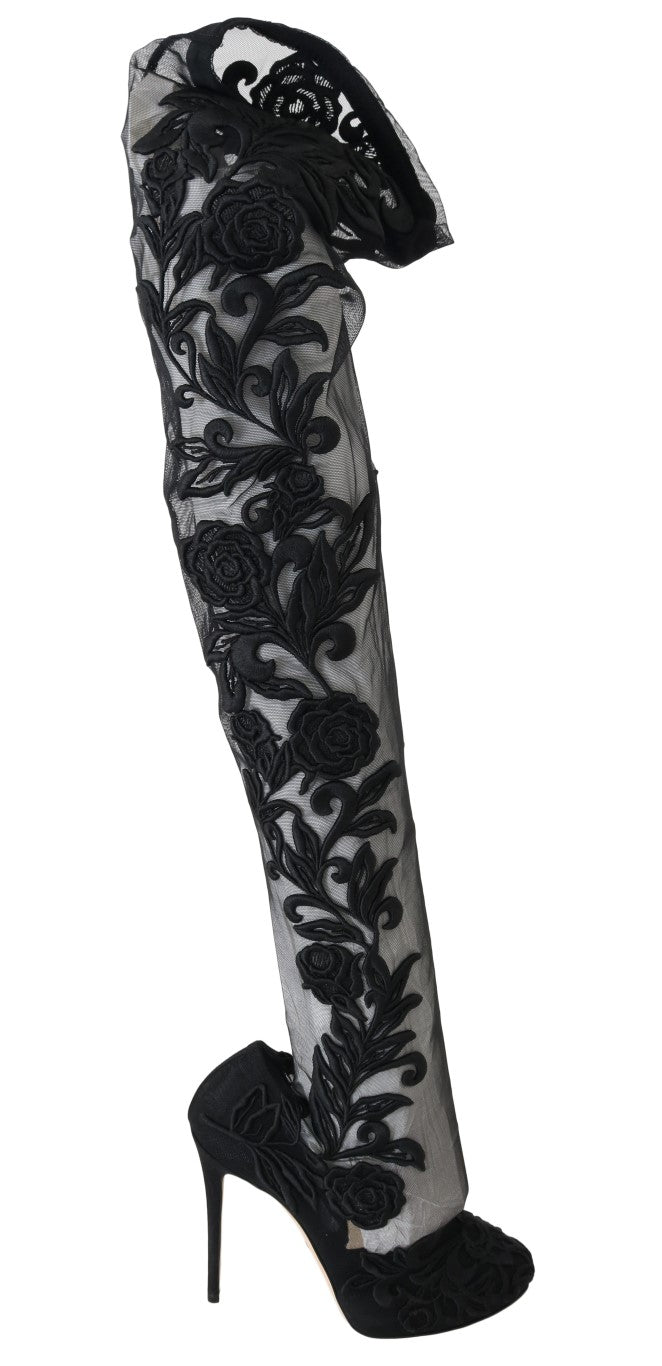 Black Floral Embroidered Socks Boots-Dolce & Gabbana-LabelTerrace.com
