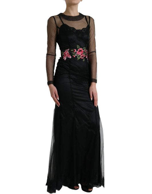 Black Floral Embroidery Mesh Tulle Gown Dress-Dolce & Gabbana-LabelTerrace.com