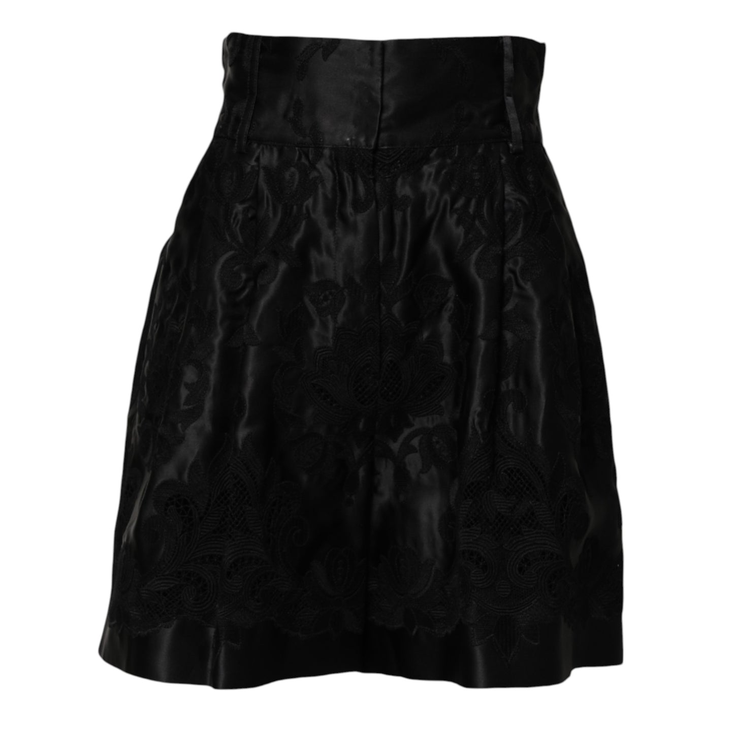 Black Floral Embroidery Silk High Waist Shorts-Dolce & Gabbana-LabelTerrace.com