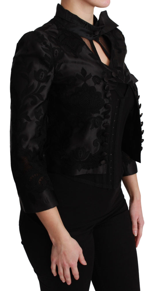 Black Floral Jacquard Blazer Silk Jacket-Dolce & Gabbana-LabelTerrace.com
