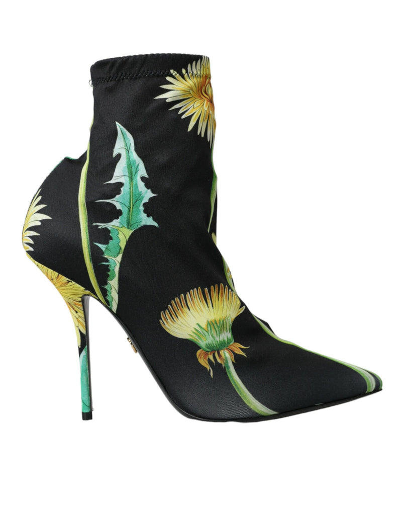 Black Floral Jersey Stretch Ankle Boots Shoes-Dolce & Gabbana-LabelTerrace.com