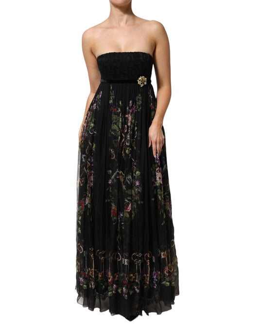 Black Floral Key Print Crystal Strapless Dress-Dolce & Gabbana-LabelTerrace.com