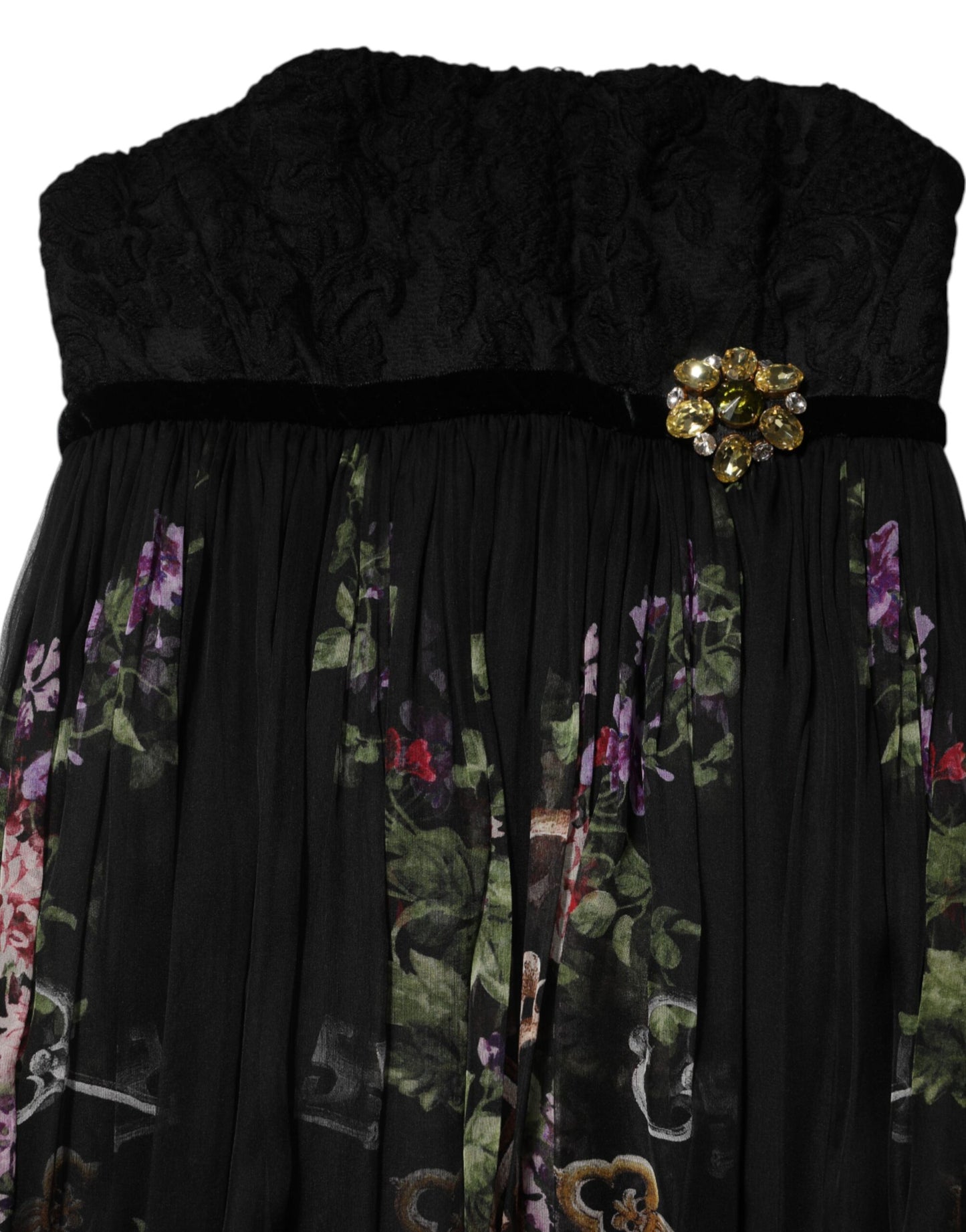 Black Floral Key Print Crystal Strapless Dress-Dolce & Gabbana-LabelTerrace.com