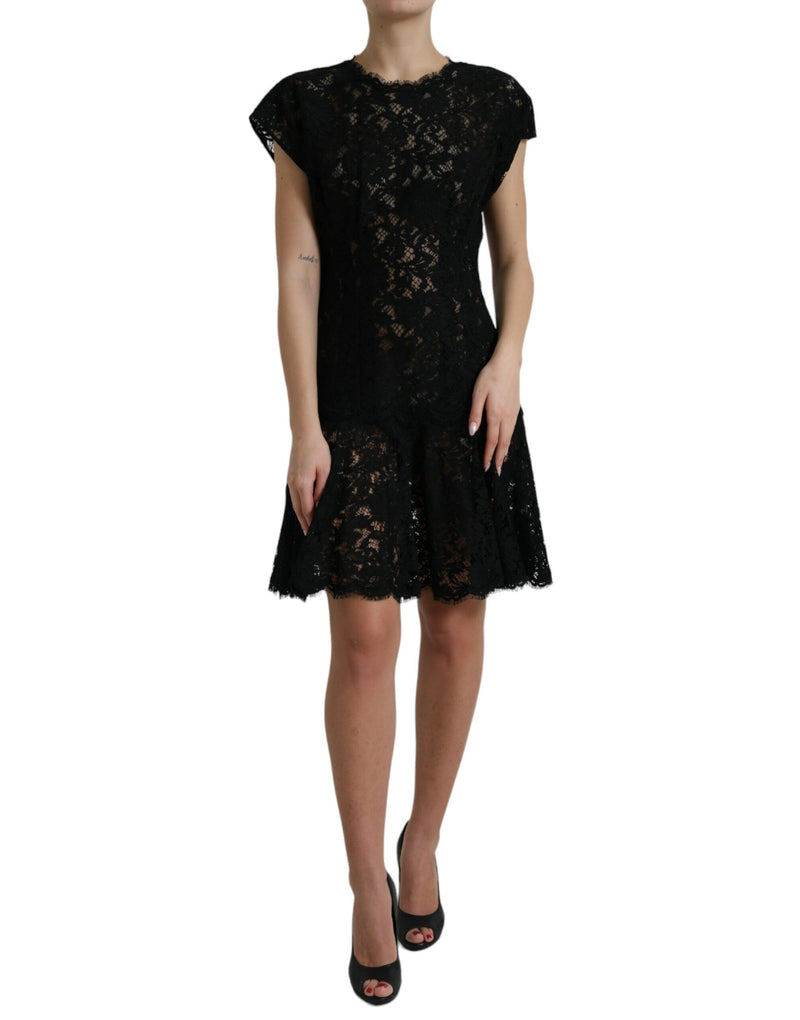 Black Floral Lace Cotton A-line Mini Dress-Dolce & Gabbana-LabelTerrace.com