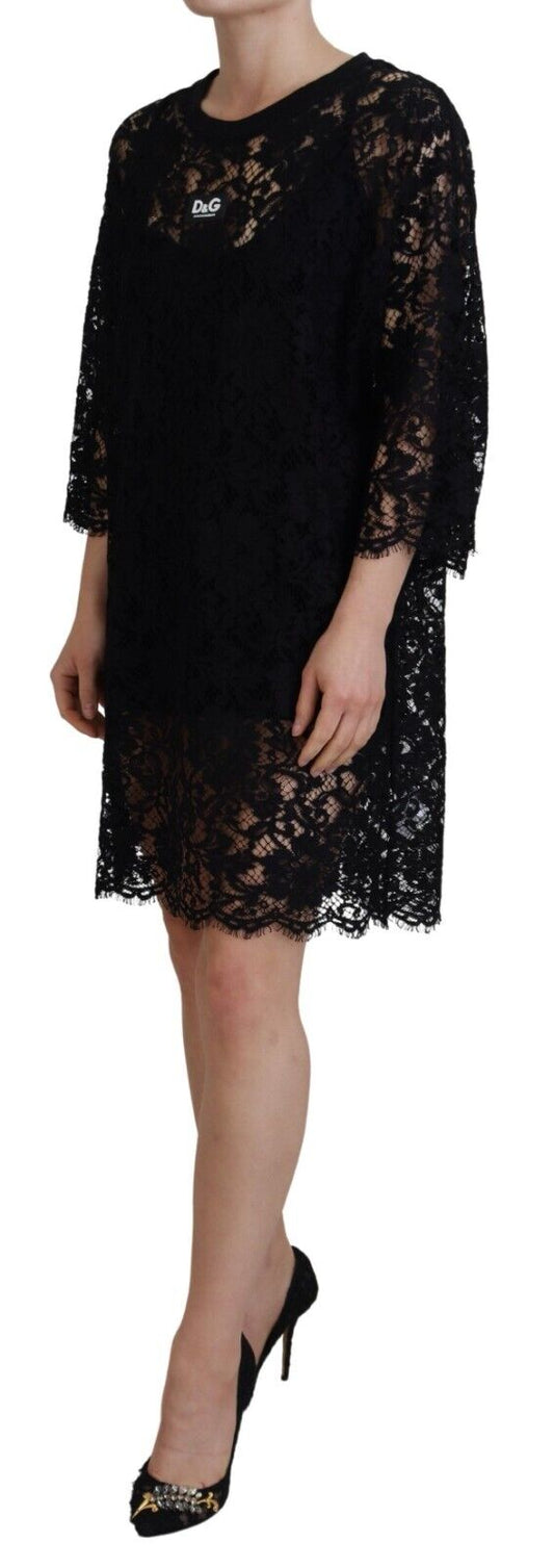 Black Floral Lace Cotton Shift Mini Dress-Dolce & Gabbana-LabelTerrace.com