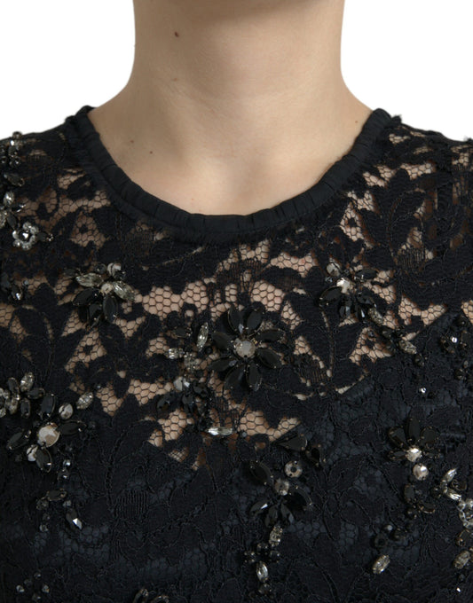 Black Floral Lace Crystal Sheath Dress-Dolce & Gabbana-LabelTerrace.com