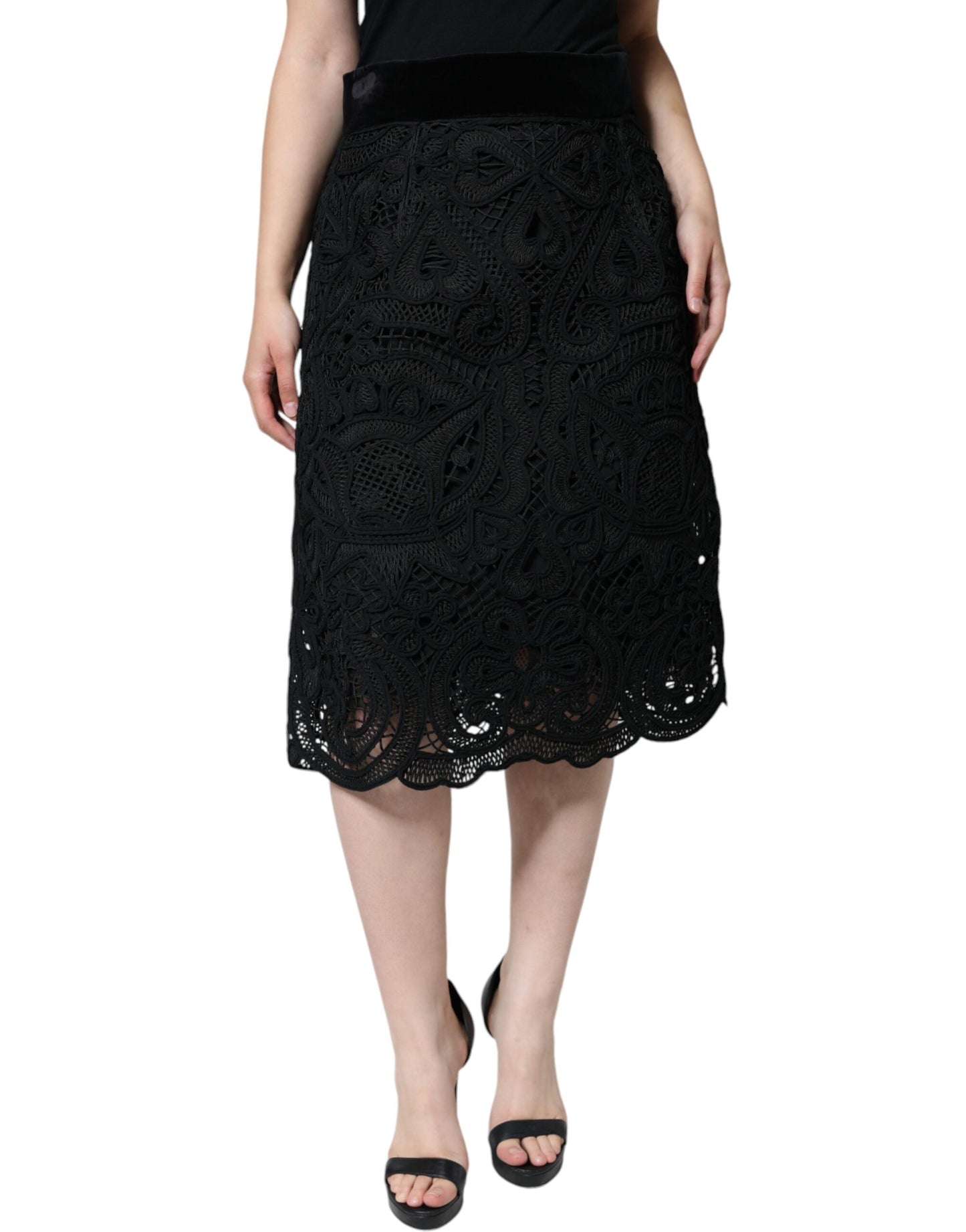 Black Floral Lace High Waist Pencil Cut Skirt-Dolce & Gabbana-LabelTerrace.com