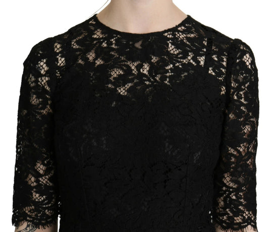 Black Floral Lace Sheath Knee Length Dress-Dolce & Gabbana-LabelTerrace.com