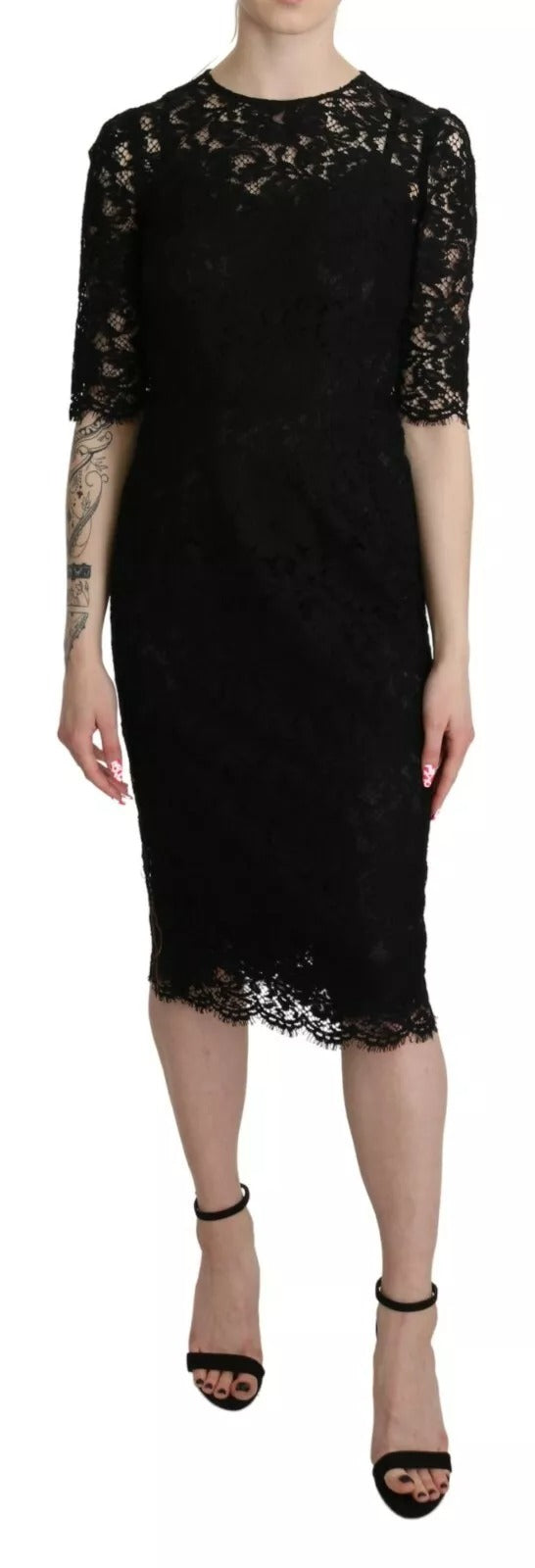 Black Floral Lace Sheath Knee Length Dress-Dolce & Gabbana-LabelTerrace.com