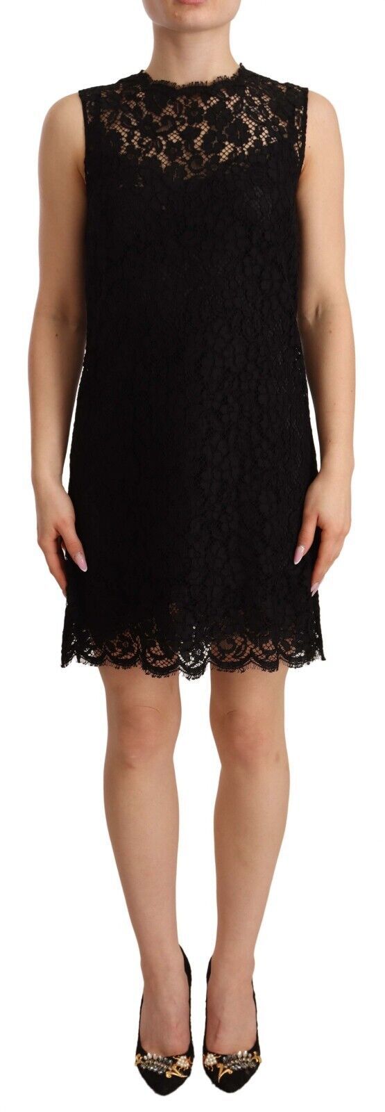 Black Floral Lace Sheath Sleeveless Mini Dress-Dolce & Gabbana-LabelTerrace.com