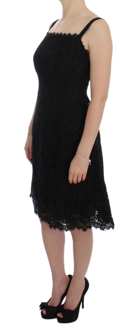 Black Floral Lace Shift Knee Length Dress-Dolce & Gabbana-LabelTerrace.com