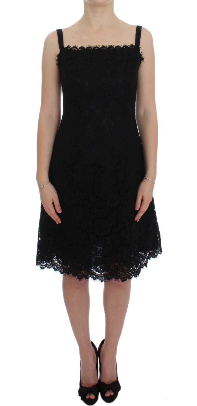 Black Floral Lace Shift Knee Length Dress-Dolce & Gabbana-LabelTerrace.com