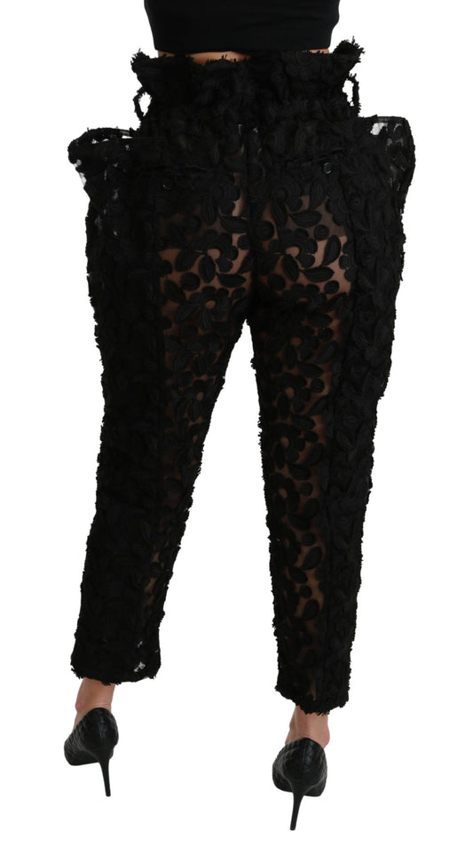 Black Floral Lace Tapered High Waist Pants-Dolce & Gabbana-LabelTerrace.com